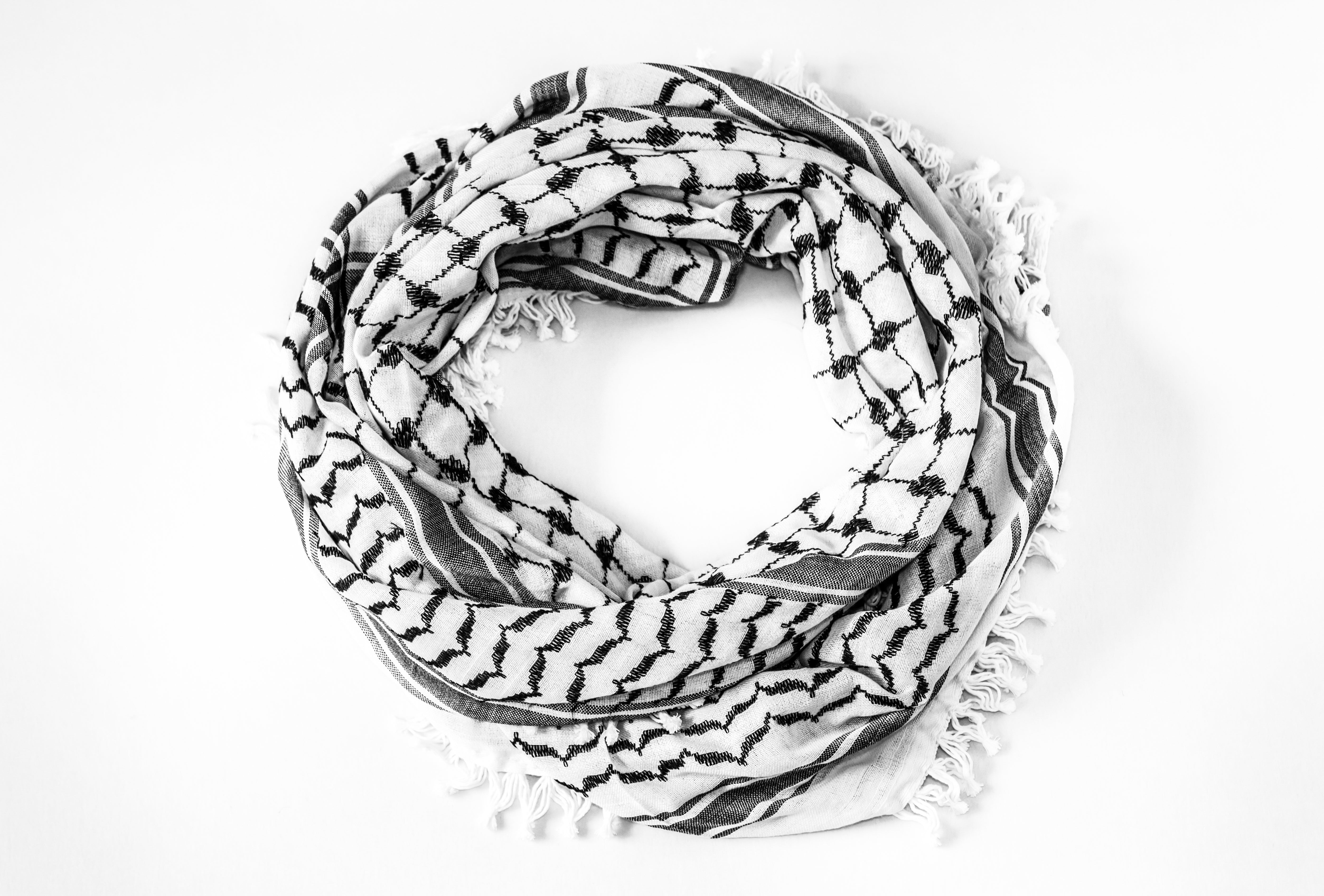 traditional Hirbawi black and white Palestinian scarf