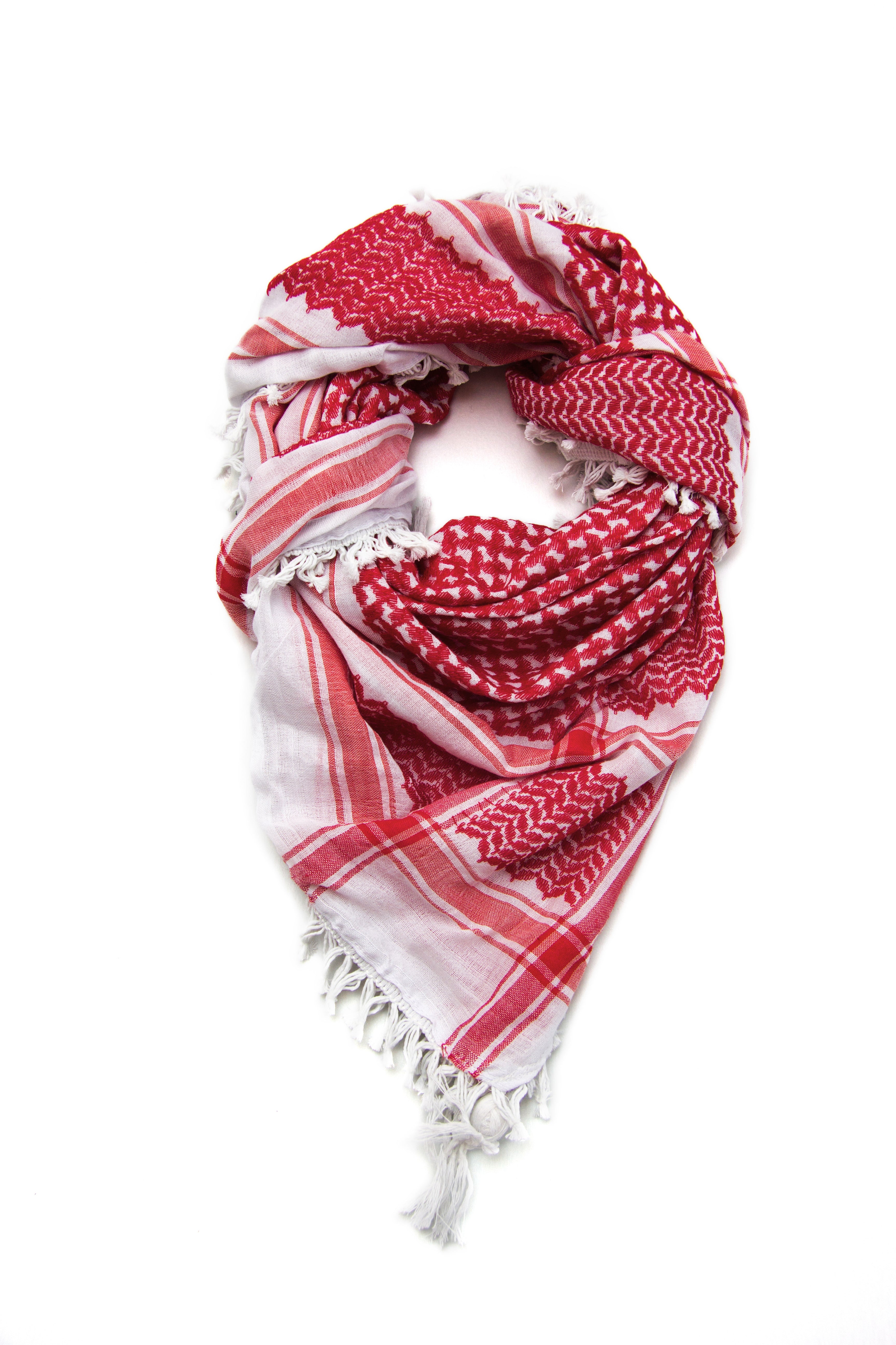 Thick kufiya. Red and White traditional patter by Hirbawi USA